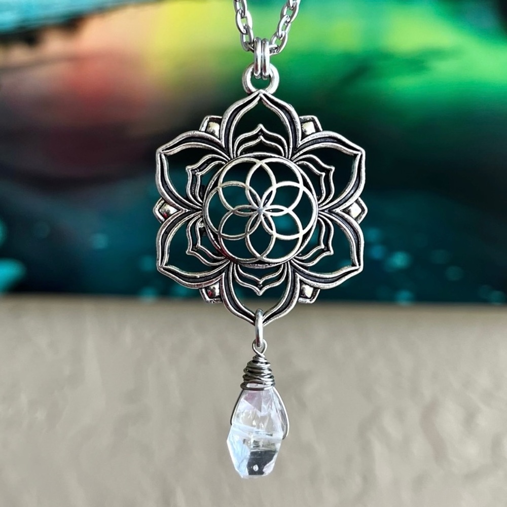 Herkimer diamond mandala lotus flower charm stainless steel chain boho crystals